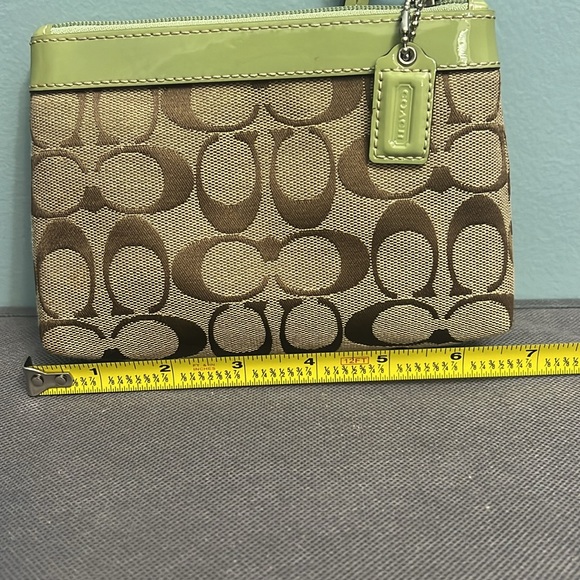 Coach signature brown, green leather trim wristlet - Picture 10 of 15